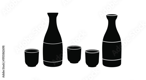 Black silhouettes of traditional japanese sake bottles and cups silhouette