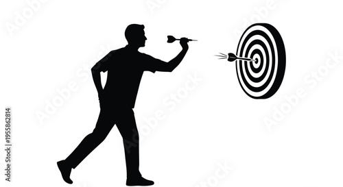 Man throws dart at target aiming for success a dramatic silhouette