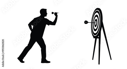 Man throwing a dart at a target a striking black silhouette