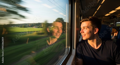 Young man enjoying a scenic train journey, smiling as he looks out the window at the blurred green landscape during golden hour