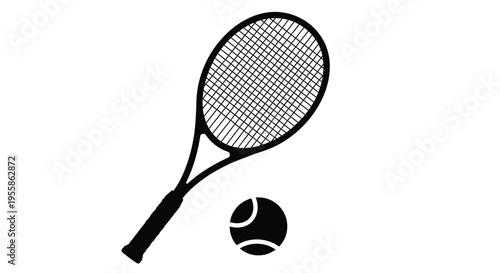 A black silhouette of a tennis racket and ball on white background