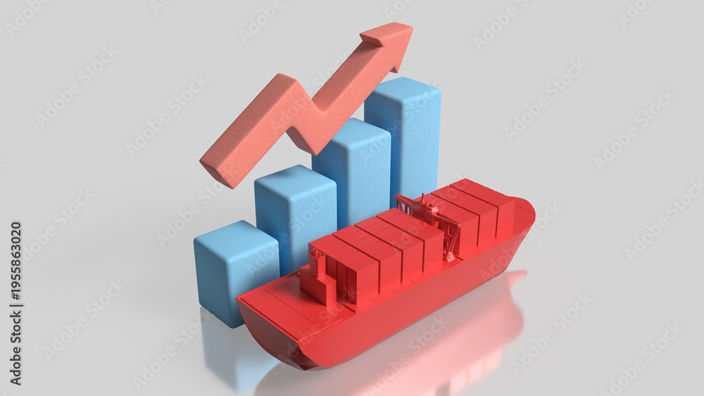 Fototapeta premium Global Shipping Growth With Cargo Ship And Rising Chart 3d render.