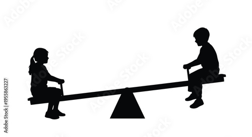 Two children playing on a seesaw a simple black silhouette