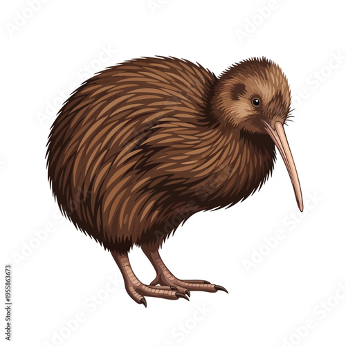 A digital illustration of a Kiwi Bird standing and looking forward, featuring brown feathers and a long beak on a white background. Perfect for wildlife designs, educational materials, and