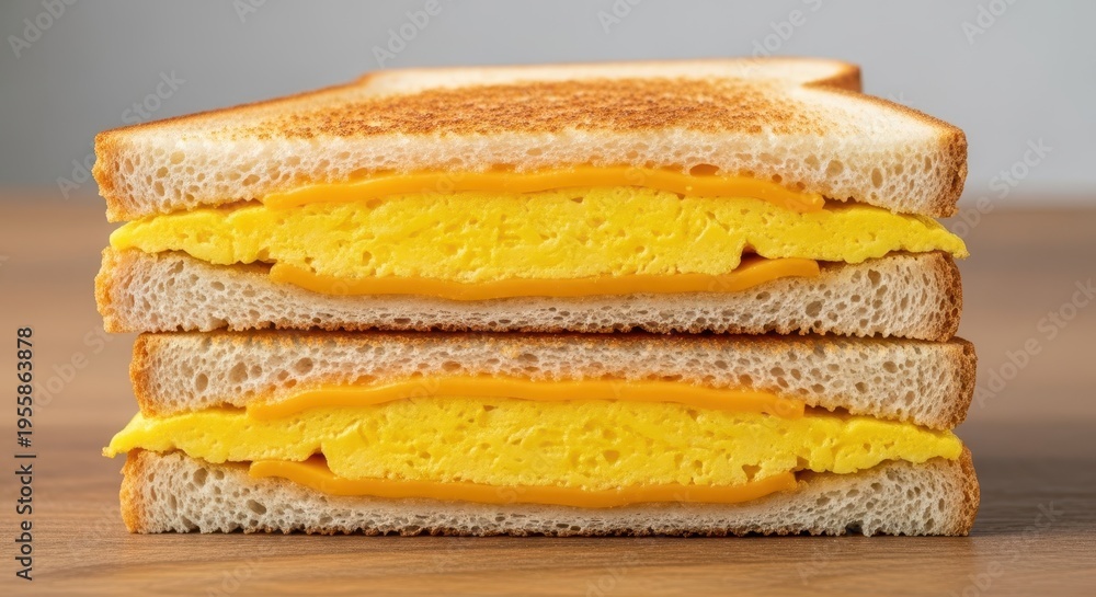 Fototapeta premium A hearty, thick omelette sandwich featuring fluffy yellow eggs, melted cheese, and toasted white bread, displayed on a wooden surface, catering, yellow, nutritious