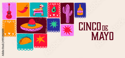 Cinco de Mayo Mexican holiday celebration background with hand-drawn decorative elements, symbols and icons