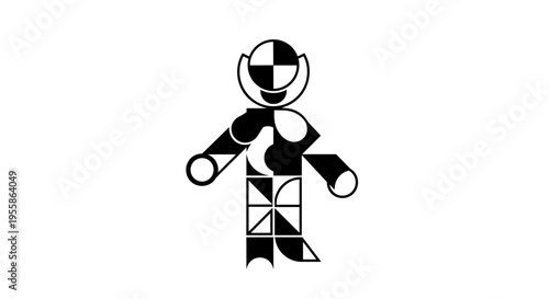 Geometric figure with smiley face and patchwork body standing with arms outstretched on white background