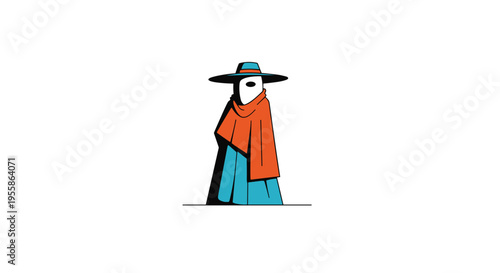 Person wearing orange shawl and blue skirt with wide brimmed hat on white background
