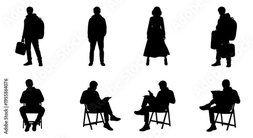 Silhouettes of people in various poses and outfits on white background