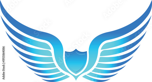A superhero emblem featuring blue and green angel bird, wings, symbolizing strength and freedom. Its 3D metallic feathers form a pair of outstretched wings with sharp tips. Ideal for heroes, emblem.