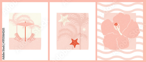Set of three summer posters featuring tropical beach elements including palm trees, deck chairs, starfish and hibiscus flower. Soft pastel color palette with textured grain effect creates a calm 