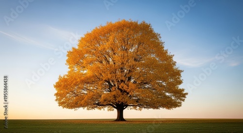 Brilliant yellow and orange leaves cover the canopy of a majestic deciduous tree standing alone in a vast meadow under clear skies, vibrant, colorful, botanical