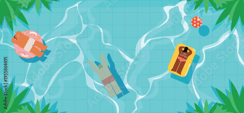 Top view illustration of a swimming pool with people relaxing on inflatable floats. Bright summer composition with clear water reflections, tropical leaves and playful elements. Modern flat style desi
