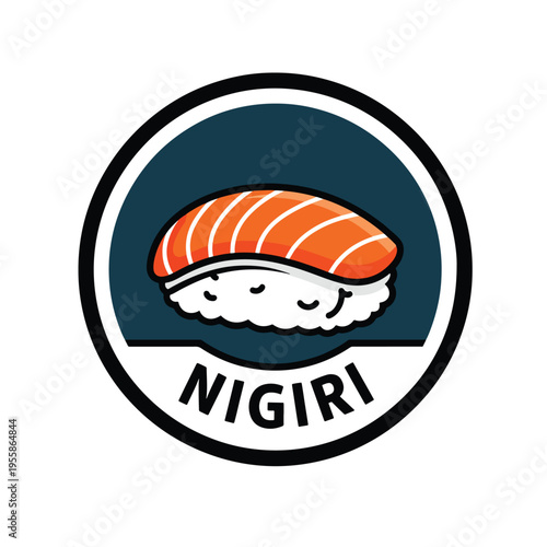 Cute Vector Graphic of Salmon Nigiri Sushi Icon in a Round Badge Design
