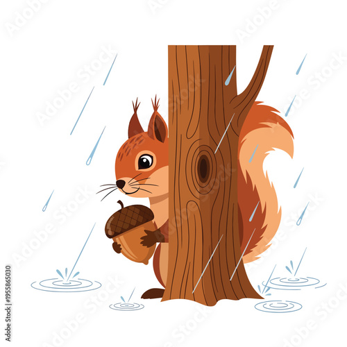 Cute vector illustration of a small squirrel holding an acorn, hiding behind a tree trunk in the gentle rain