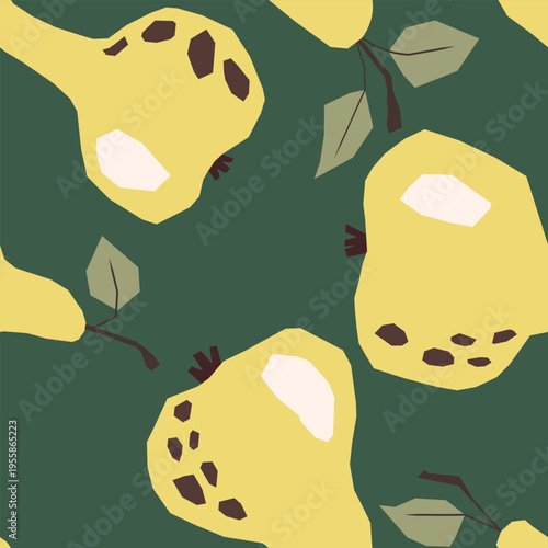 Seamless pattern with pear on color background. Natural delicious fresh ripe tasty fruit. Sweet pears with leaves. Food concept. Vector illustration for print, fabric, textile.