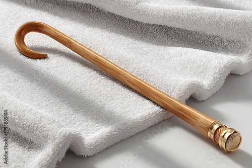Wooden cane with gold accents rests on a white terrycloth towel Image