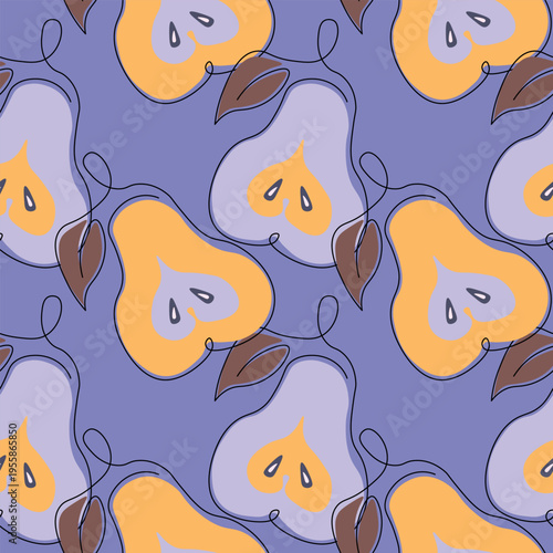 Seamless pattern with pear on color background. Natural delicious fresh ripe tasty fruit. Sweet pears with leaves. Food concept. Vector illustration for print, fabric, textile.