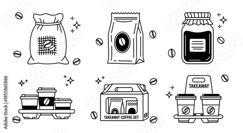 Takeaway coffee packaging set with bean sacks paper bags glass jars and cup carriers for coffee shop supply branding and shipping isolated on white background