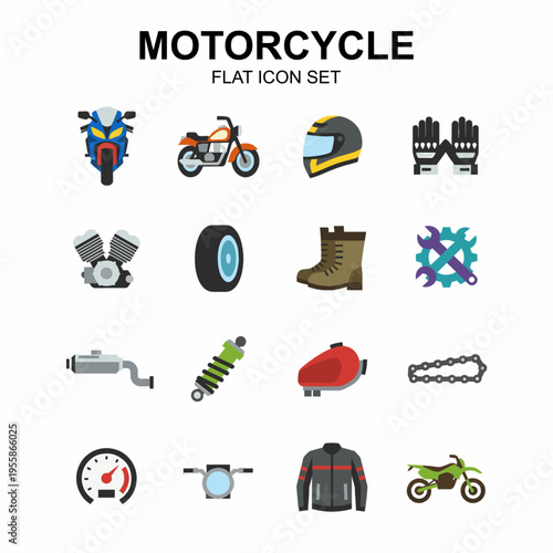 Comprehensive Flat Vector Icon Set of Motorcycles, Biker Gear, and Maintenance Equipment including Helmet, Jacket, Engine, Tools, and Spare Parts for Web and App Design Projects