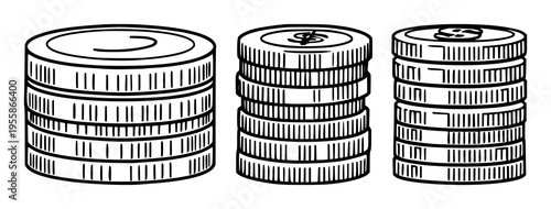 Coins set with flat vector icon of a stack of silver coins featuring finance, savings, iconography with minimalist 2D and white background
