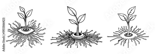 Continuous line drawing of a plant sprout growing out of a digital circuit board, sustainable tech art, single black stroke, white background. set with simple line art design featuring simple desig...