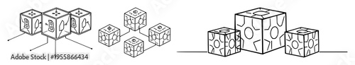Abstract line art of a series of blockchain data cubes, secure ledger theme, geometric minimalist, isolated on white. set with simple line art design featuring line art, illustrations, graphic reso...