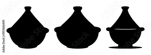 Tagine pot set with solid black silhouette showing bold smooth curves featuring North African heritage, culinary icon, black line art with simple illustration and monochrome