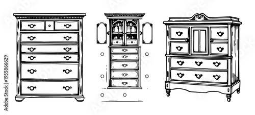 Apothecary cabinet set with detailed woodcut style illustration of a Victorian cabinet with multiple drawers featuring medicinal, glass, leather with white background and icon