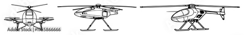 Electric vertical takeoff and landing craft set with minimalist line art featuring urban air mobility, electric aircraft, aviation with white background and flat design