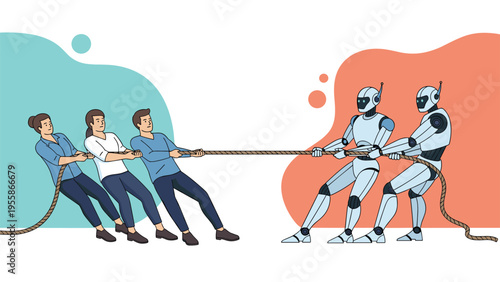 Human team competing against robot team in classic tug of war game symbolizing the struggle between manpower and technological advancement.