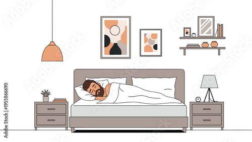 Bearded man sleeping peacefully in comfortable modern bedroom with neutral tones and minimalist interior decor isolated on white background.