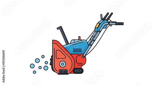 Motorized blue snow blower with red auger and adjustable chute isolated on white background for winter maintenance equipment concept.