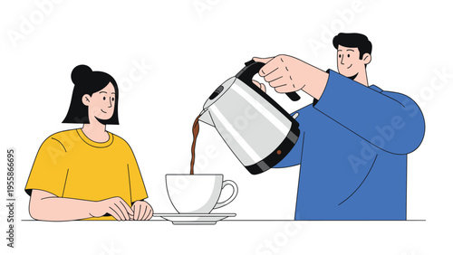 Young man pouring hot coffee from kettle into a white cup for a smiling woman sitting at a table in a simple domestic kitchen setting.