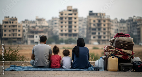 Displaced family including man, woman and two children sitting on blanket with luggage in front of destroyed buildings. Humanitarian crisis and civilian evacuation from war zone city.