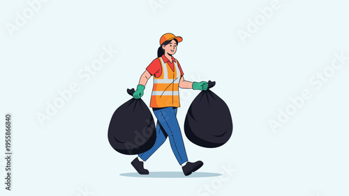 Female sanitation worker in an orange high-visibility vest and blue trousers carries two heavy black trash bags while walking.