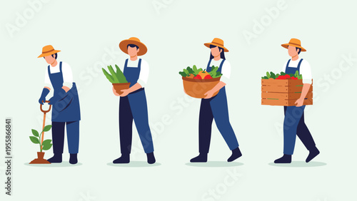 Young man farmer kneeling on the ground and planting a small tree in a green field with a blank speech bubble for custom text message.