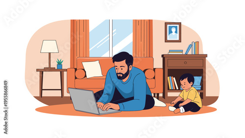 Dedicated father working on a laptop while lying on a living room carpet as his young son sits and plays nearby in the house.