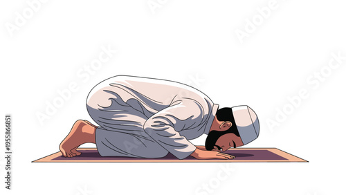 Muslim man in traditional white thobe performs a sujud prayer on a purple prayer mat against a clean white background.