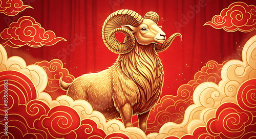 Golden ram standing among clouds on vibrant red background, symbolizing prosperity and fortune. Golden ram presents prominent features like curled horns and thick fur,