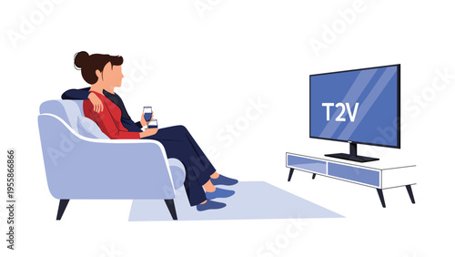 Relaxed couple sitting on a blue sofa and watching a television screen with a text logo in a cozy and modern living room.