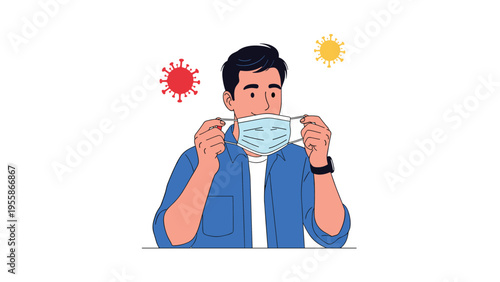 Young man putting on a blue medical face mask to protect himself from viruses floating in the background for health safety.