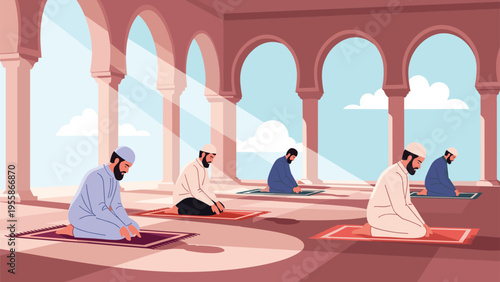 Group of Muslim men in traditional clothing are kneeling on colorful mats while praying together in a beautiful arched mosque.