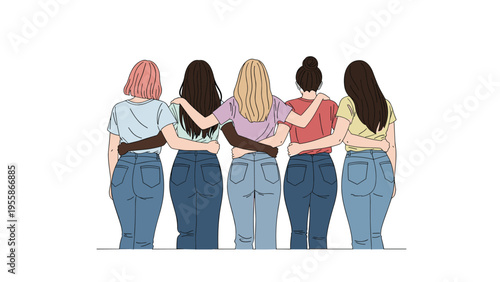 Diverse group of five female friends standing together from behind with their arms around each other in a show of unity and love.