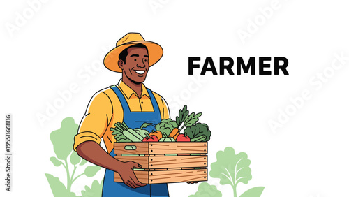 Happy male farmer wearing a yellow shirt and blue overalls holds a wooden crate full of fresh vegetables on a white background.