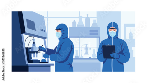Two scientists in blue protective hazmat suits work in a medical laboratory with advanced equipment and research materials.