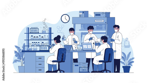 Dedicated team of researchers in white coats work on experiments in a chemistry laboratory with various glassware and tools.