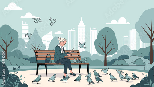Peaceful elderly woman sitting on a park bench and feeding a large group of pigeons with a modern city skyline in the distance.