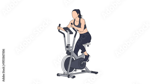 Fit young woman in black sportswear is exercising on a stationary bike to improve her fitness and health on a white background.