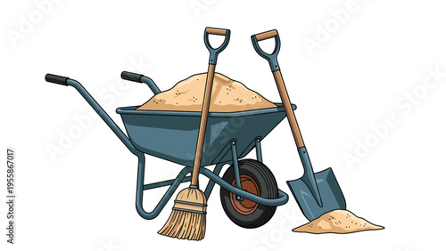 Blue wheelbarrow full of sand with wooden handled broom and steel spade tools isolated on white background for garden construction.
